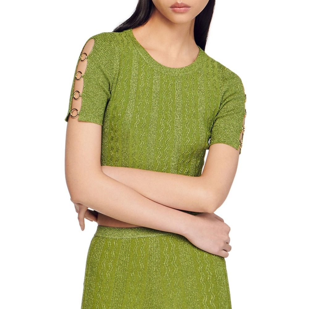 SANDRO Manacor Metallic Short Sleeve Cropped Sweater